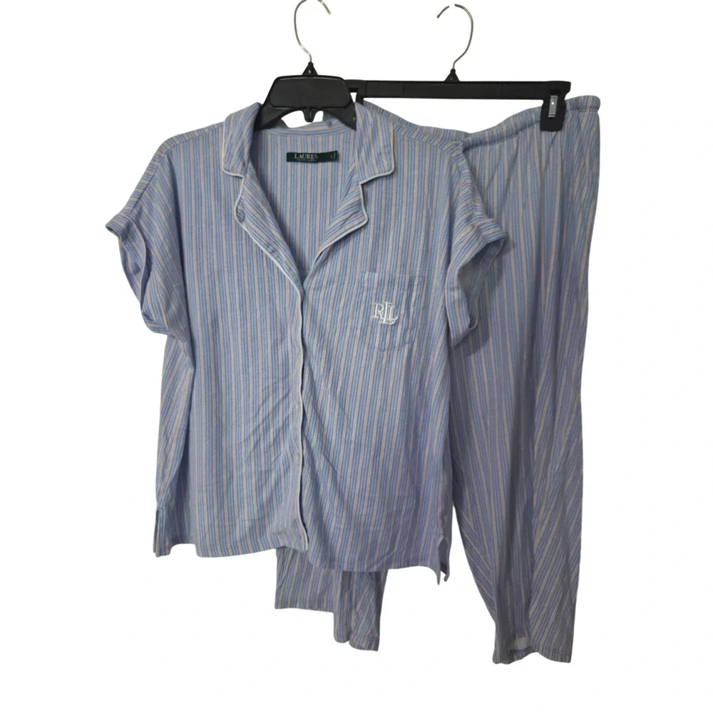 Lauren Ralph Lauren Womens Blue Striped Short Sleeve Pajama Set Size L LRL Logo